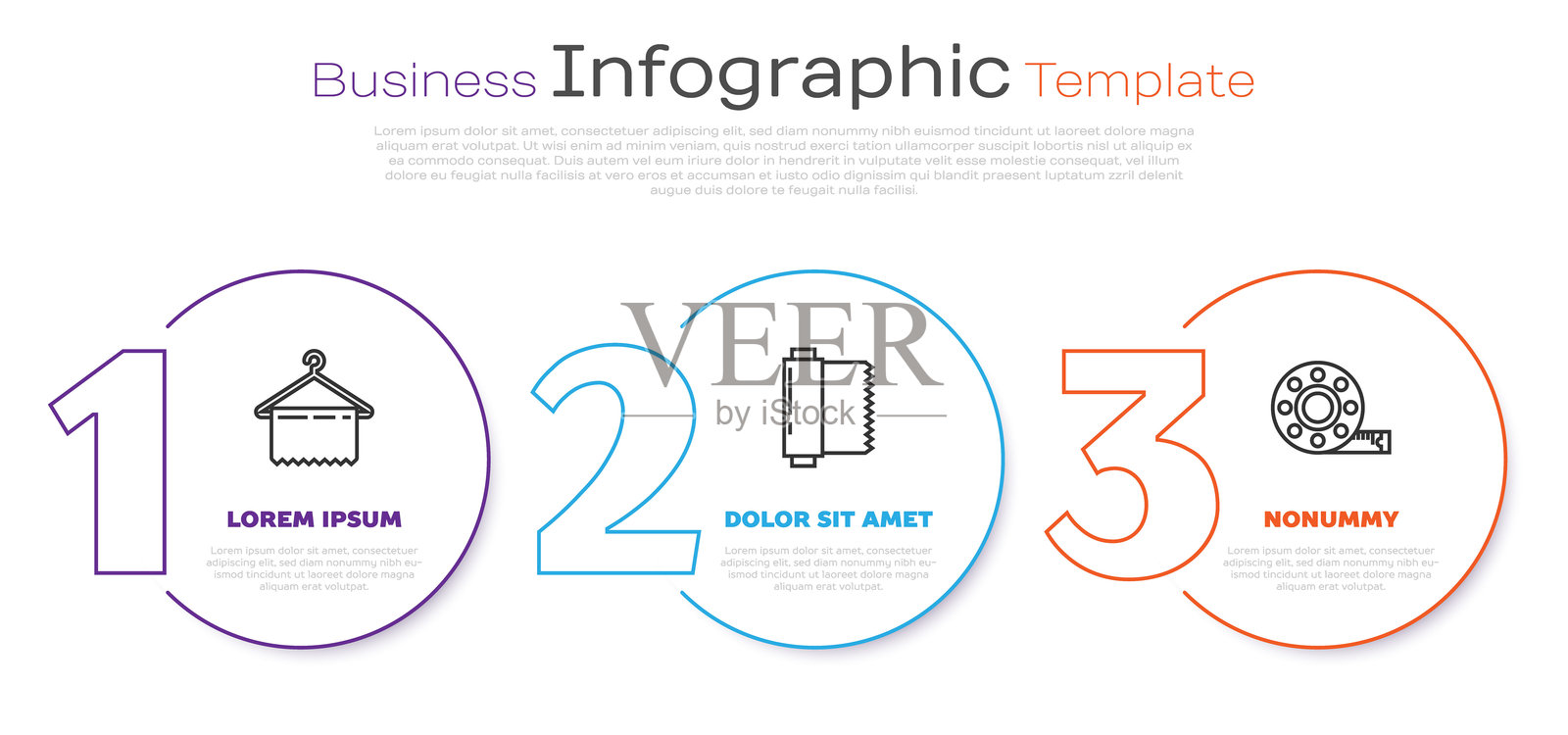 衣架衣柜、纺织布卷和卷尺的线条集合。商业信息图表模板。矢量图插画图片素材