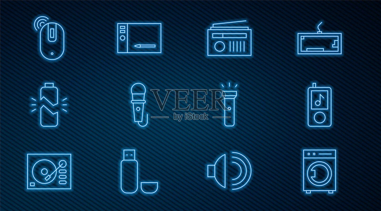 洗衣机、音乐播放器、带天线的收音机、麦克风、损坏的电池、无线电脑鼠标、手电筒和数位板图标的线条集合。矢量图插画图片素材