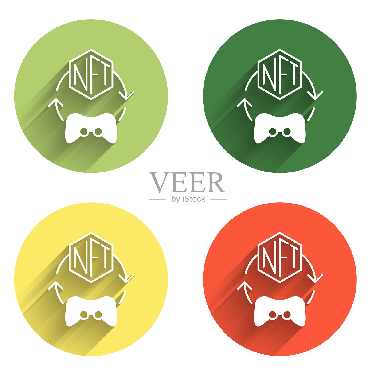 NFT数字加密艺术图标,孤立在长阴影背景上。不可替代的代币。彩色圆形按钮。矢量图插画图片素材