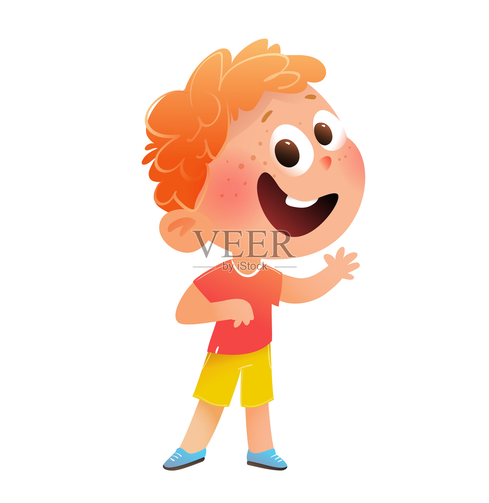 微笑的男孩挥手打招呼并微笑插画图片素材