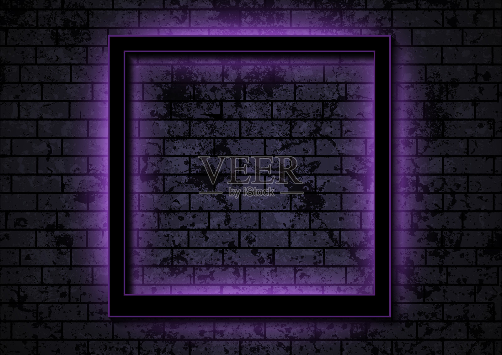 深色砖墙上的黑色方形边框,带有紫色的发光霓虹灯插画图片素材