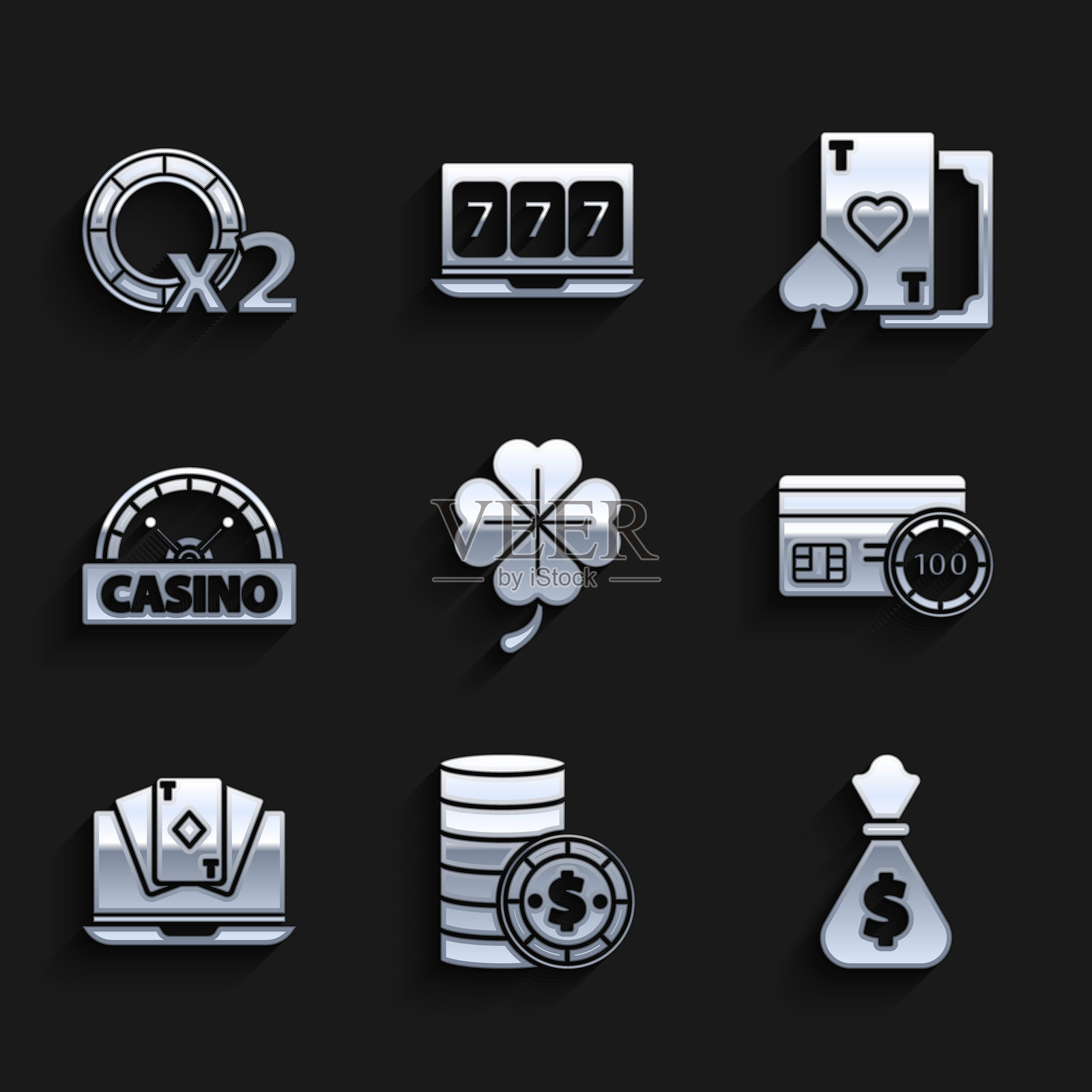 矢量图:四叶草、带美元的筹码、钱袋、信用卡、在线扑克牌桌游戏、招牌、红心和筹码图标插画图片素材