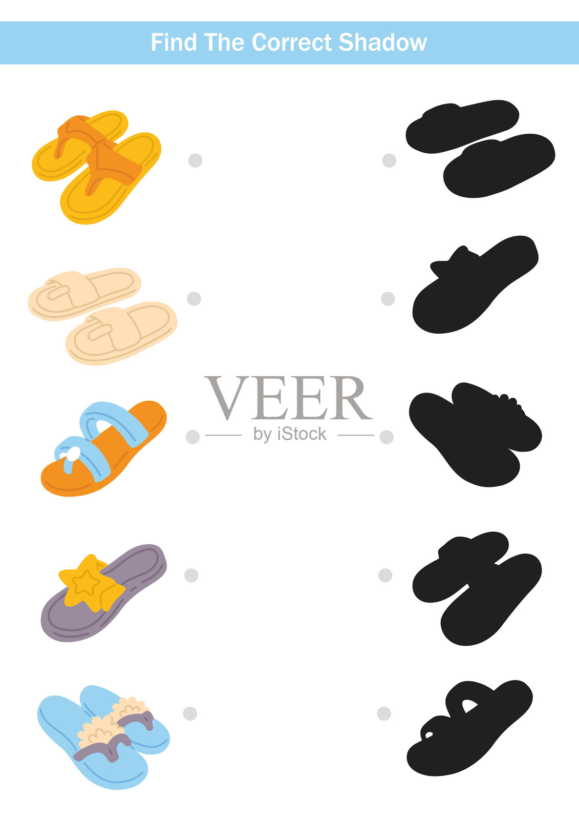 儿童教育配对影子游戏,有彩色拖鞋插画图片素材