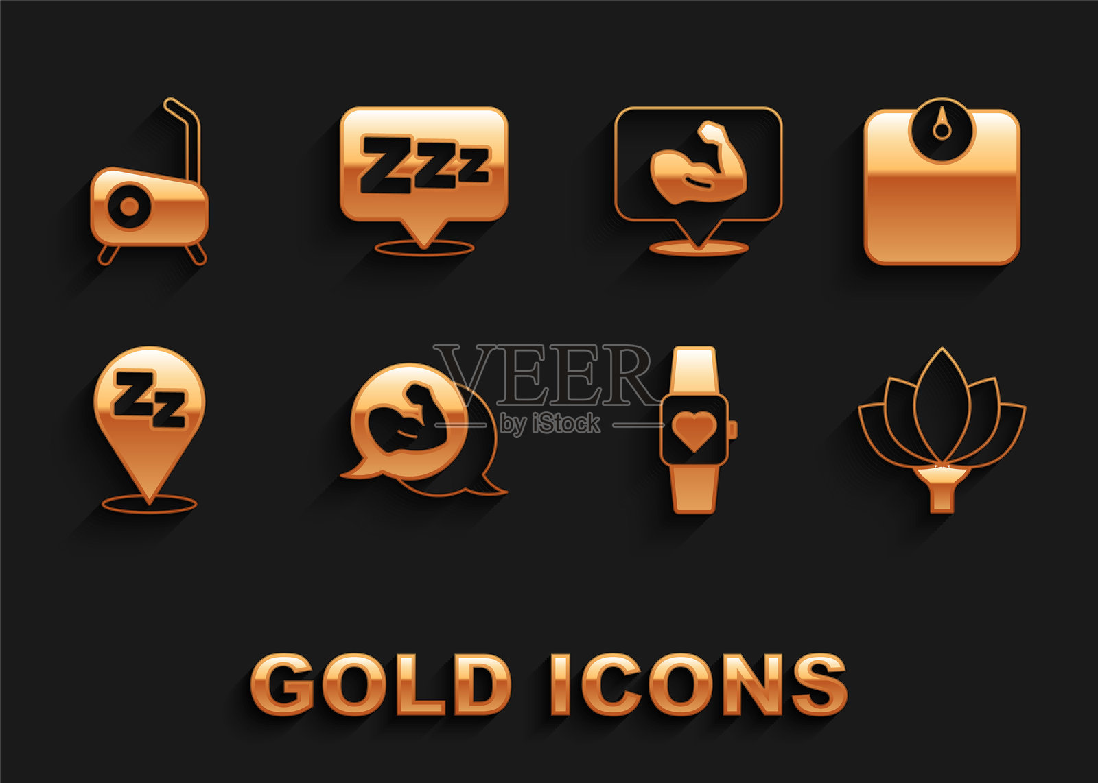 健美运动员肌肉、体重秤、莲花、智能手表、昏昏欲睡、健身车和图标。矢量图插画图片素材