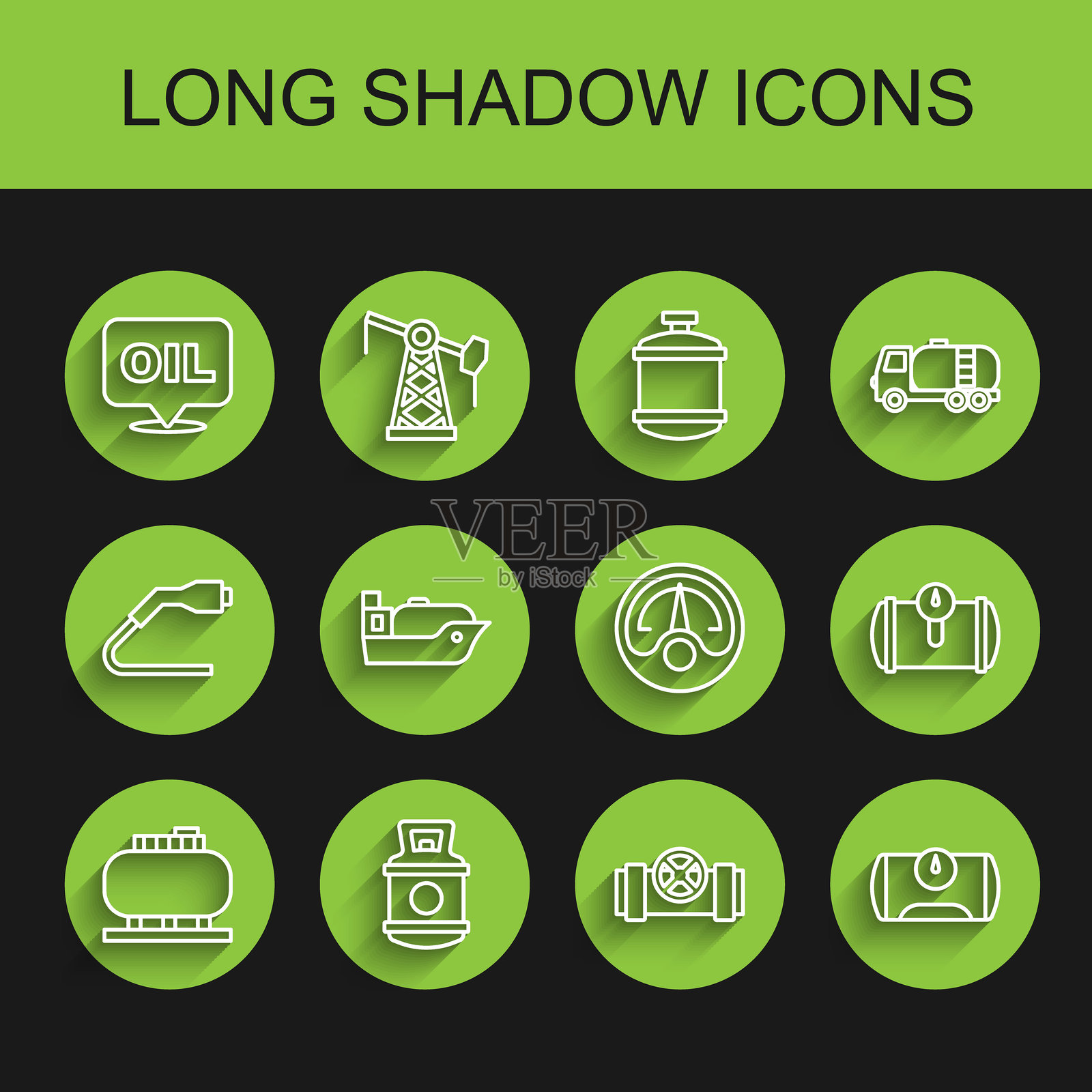 集装箱油罐储存、丙烷气、文字“油”、金属管道和阀门、车辆用燃气、油轮和汽车仪表盘图标。矢量图插画图片素材