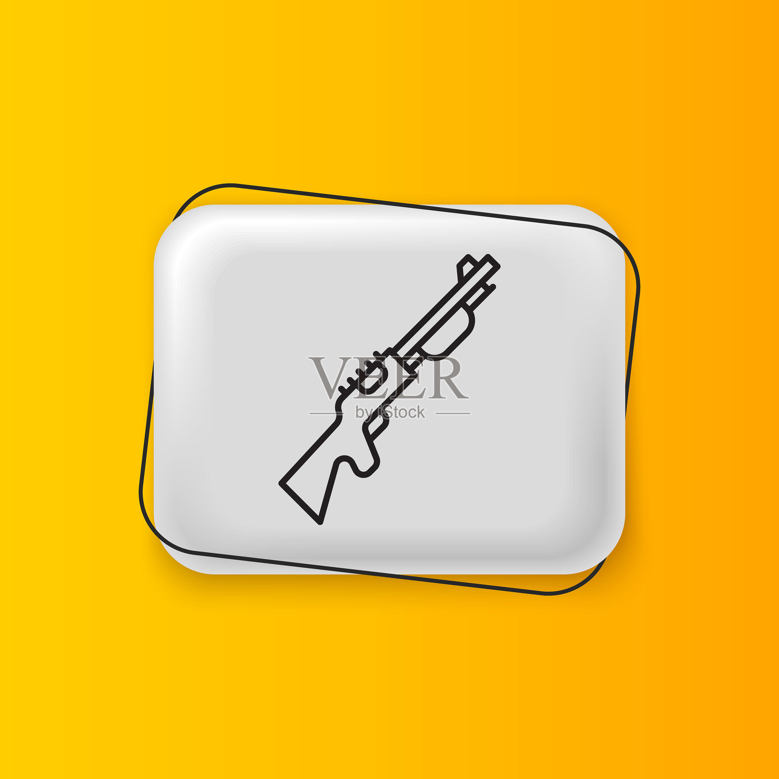 黑色猎枪图标,孤立在黄色背景上。猎用霰弹枪。银色矩形按钮。矢量图插画图片素材