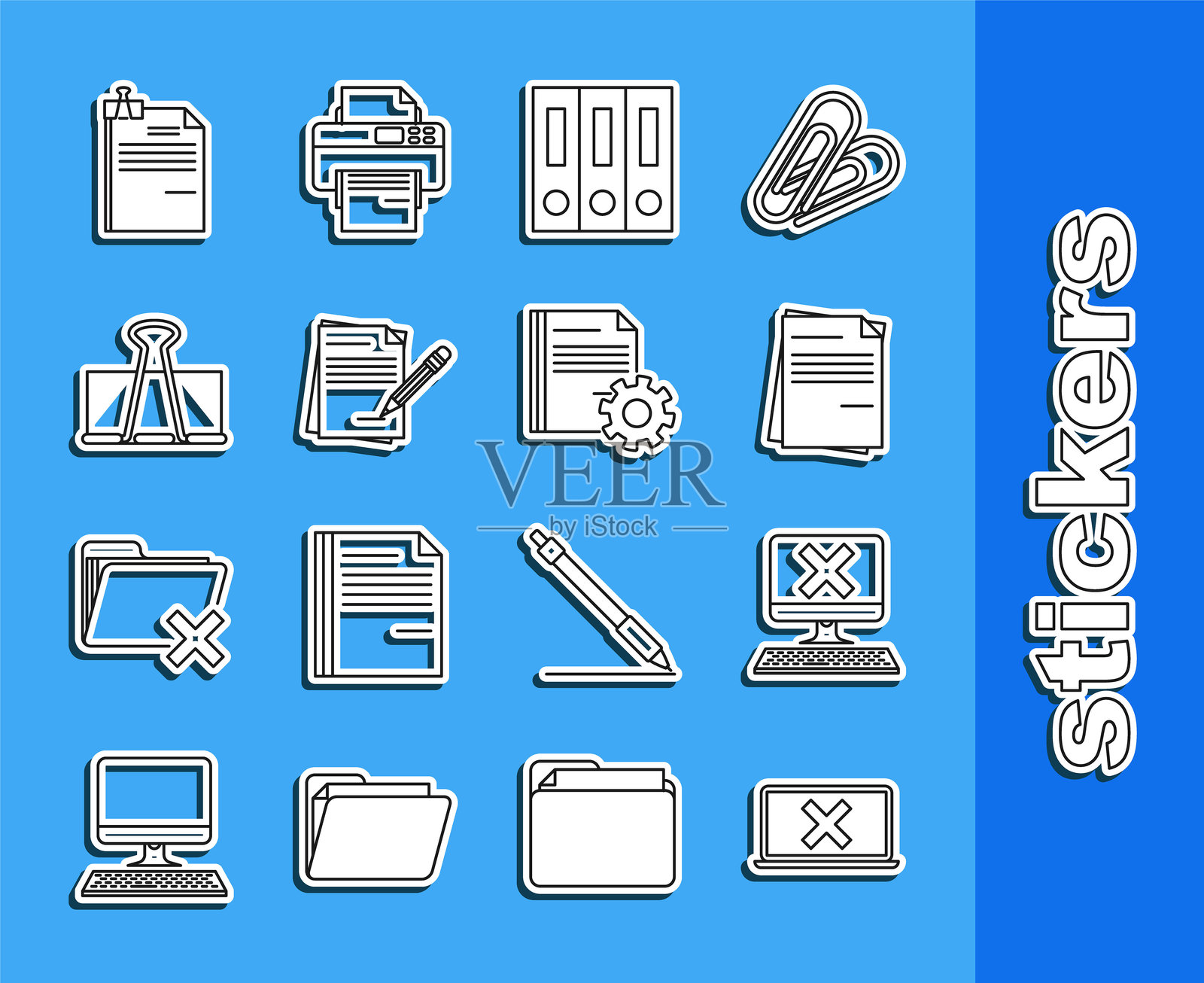 笔记本电脑和屏幕上的叉号图标,文件文档,办公文件夹纸质文件,空白笔记本铅笔橡皮,长尾夹,活页夹和文档设置齿轮图标。矢量图插画图片素材