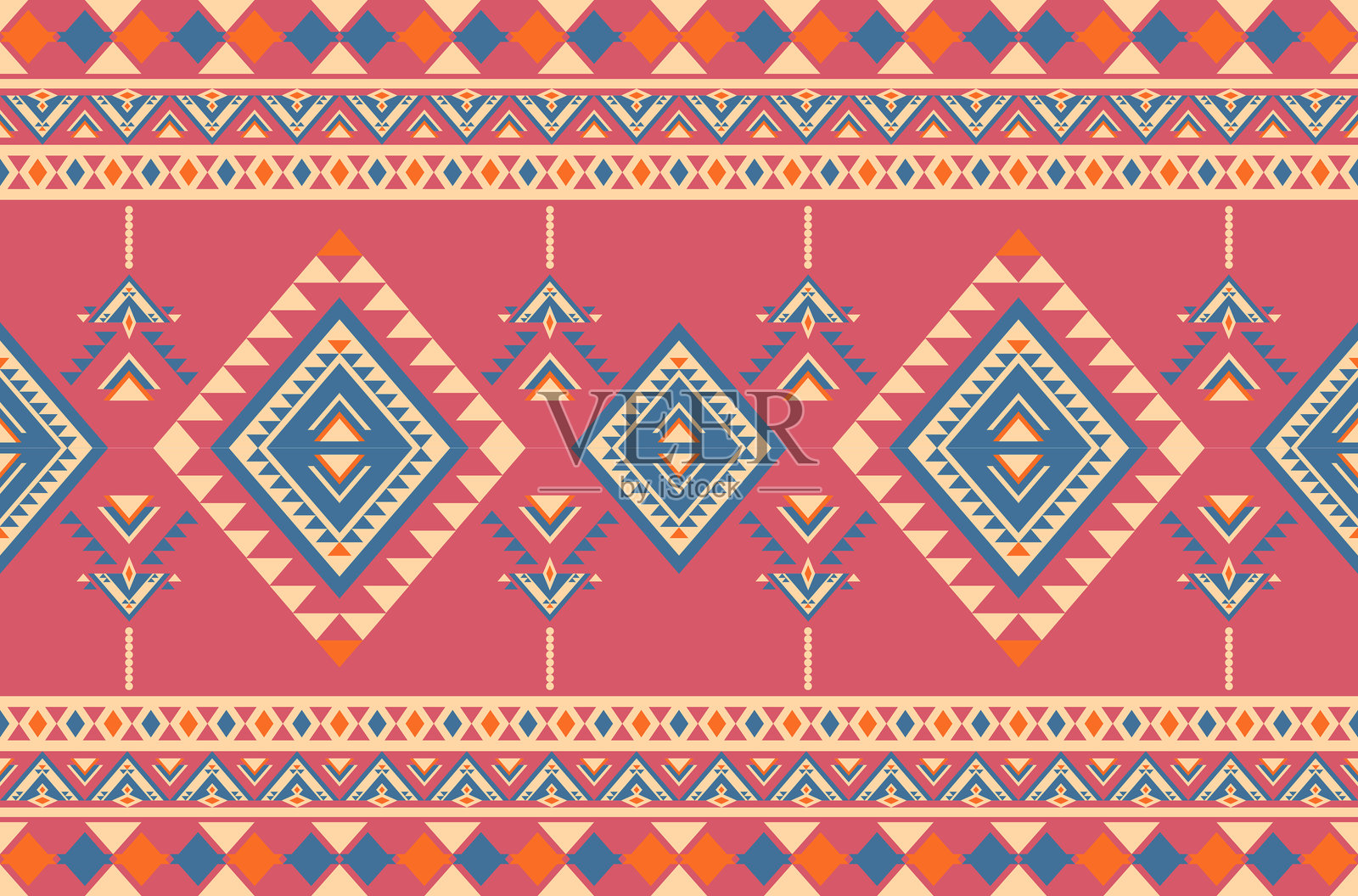 原生倒挂金钟粉色图案,带有橙色和蓝色边框装饰。插画图片素材