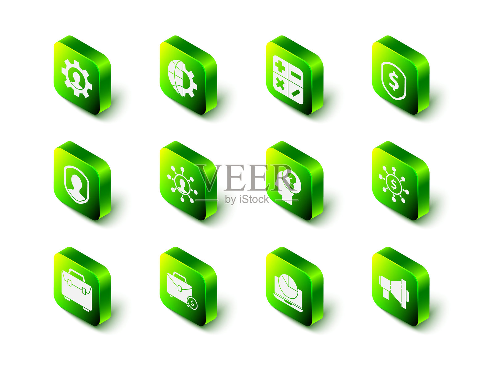 地球和齿轮的集合图标、计算器、带有美元符号的盾牌、美元、分享、网络、扩音器、人头问号、带有图表的笔记本电脑和公文包货币图标。矢量图插画图片素材