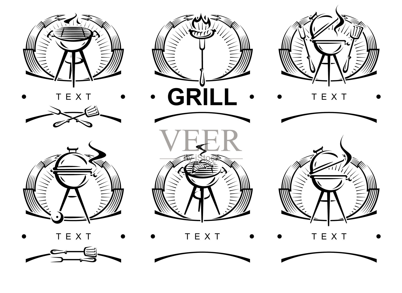 烧烤标签和元素套装。烧烤图标集。矢量图插画图片素材