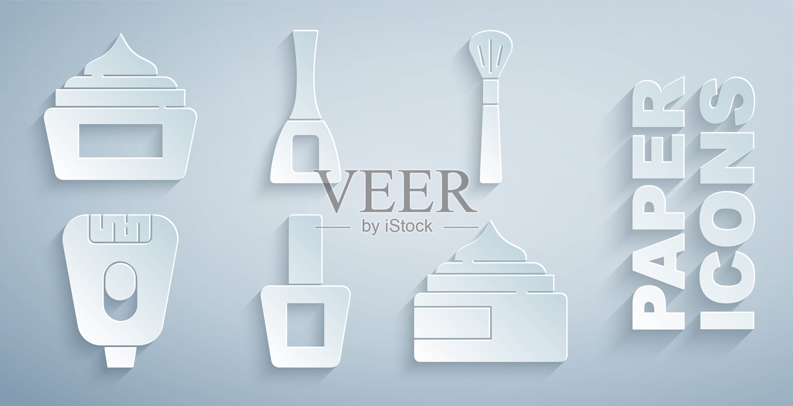 指甲油瓶、化妆刷、脱毛器、护肤霜化妆品管和图标套装。矢量图插画图片素材