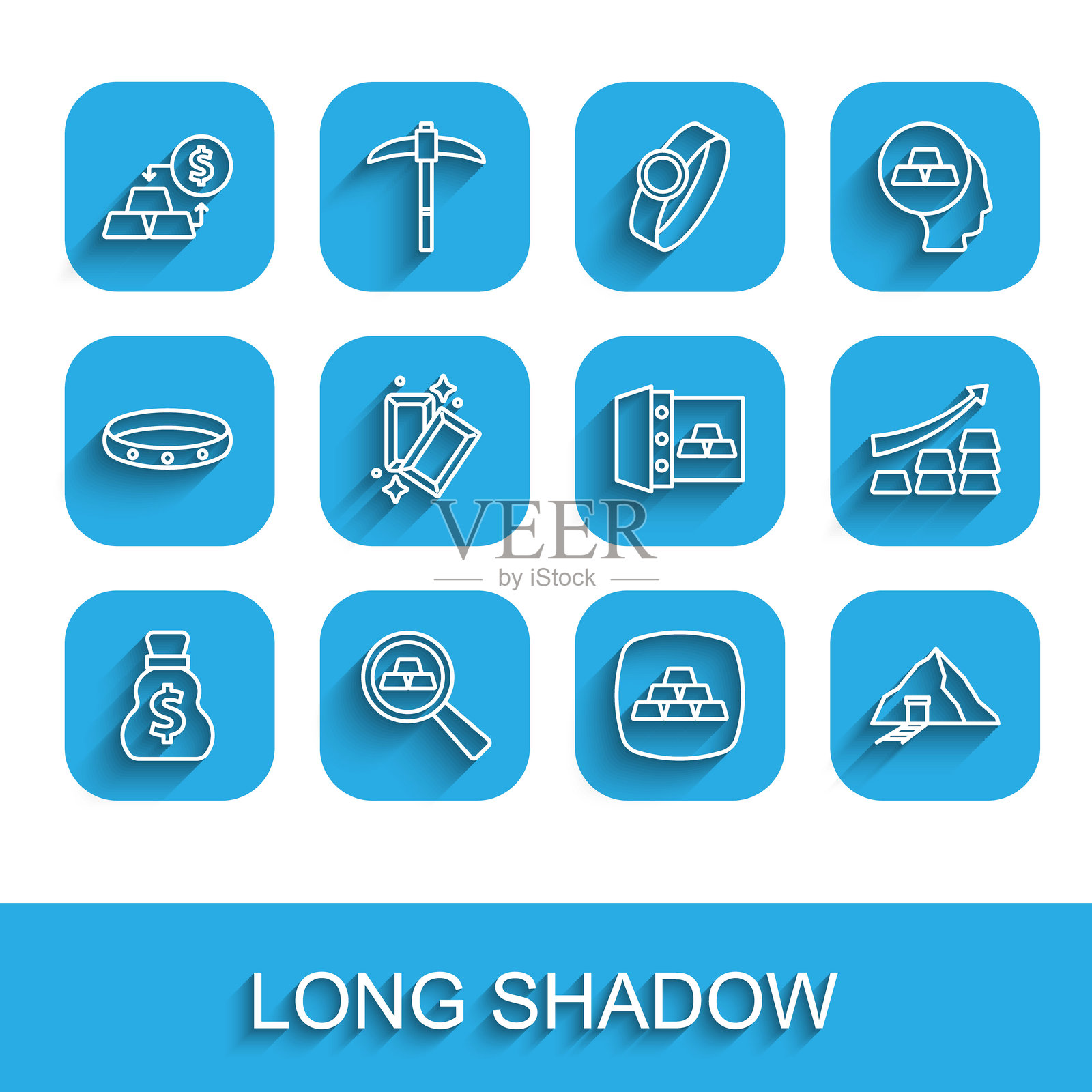 一组线条图标:旧钱袋、金条、兑换、矿山、带金色的增长箭头和保险箱图标。矢量图插画图片素材