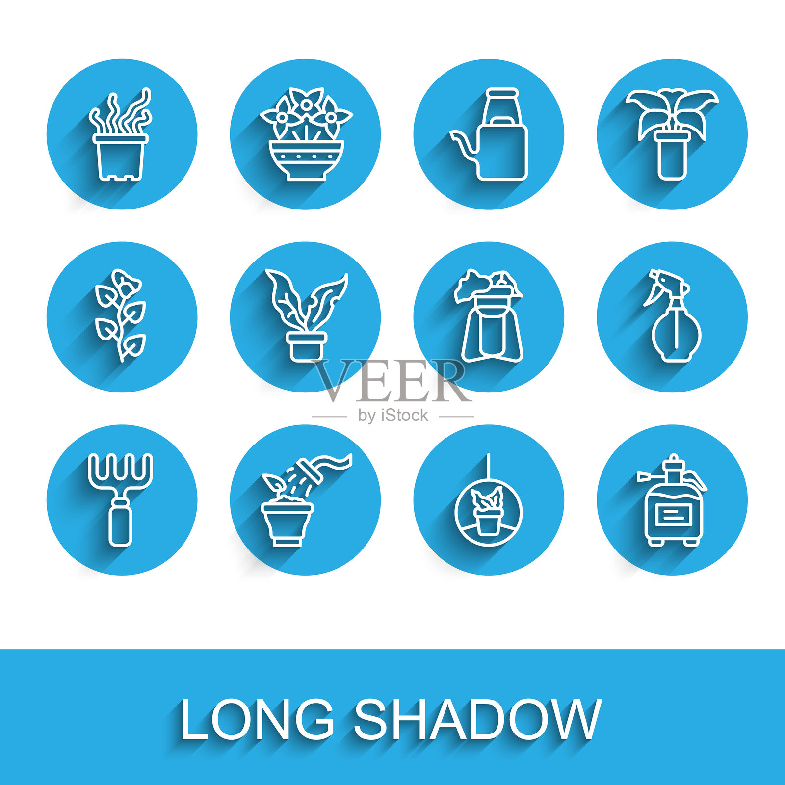 一套园艺工具,包括耙子、喷壶、异域热带植物盆栽、吊篮植物、施肥喷壶、水瓶和支架图标。矢量图插画图片素材