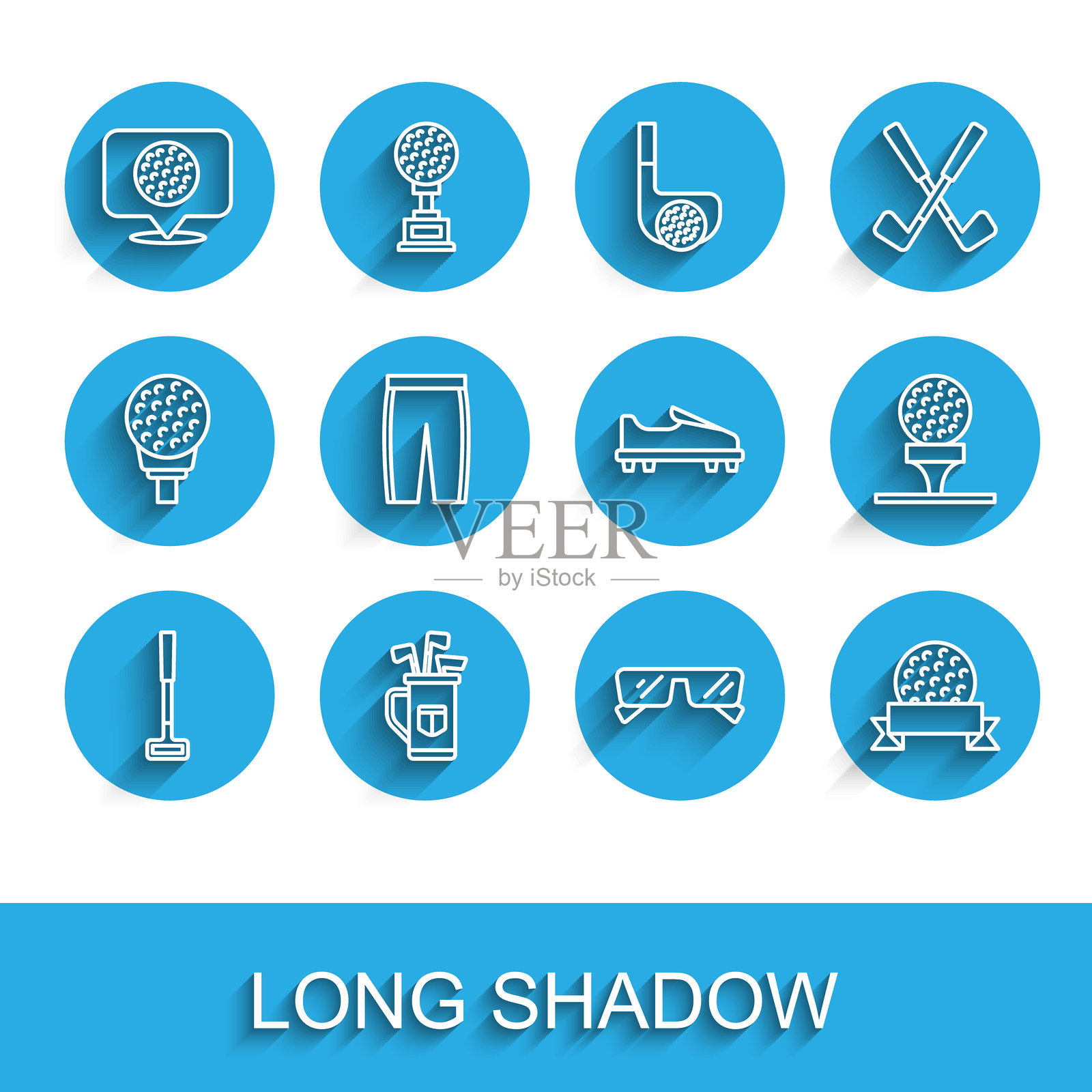 高尔夫球杆、球包、标签、眼镜、球、裤子、发球台和鞋子图标的线条集合。矢量图插画图片素材