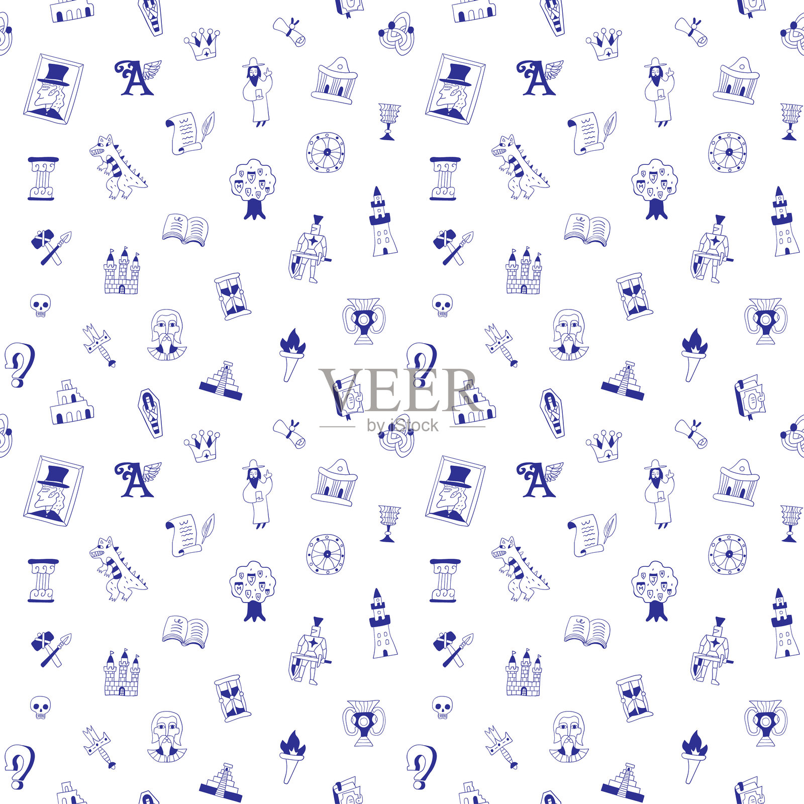 历史童话无缝矢量背景手绘涂鸦物品和标志插画图片素材
