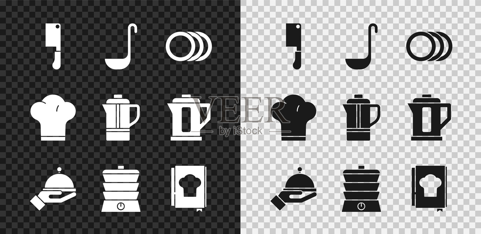 一套厨师刀、汤勺、盘子、带托盘的盖子、慢炖锅、食谱、厨师帽和茶壶图标。矢量图插画图片素材