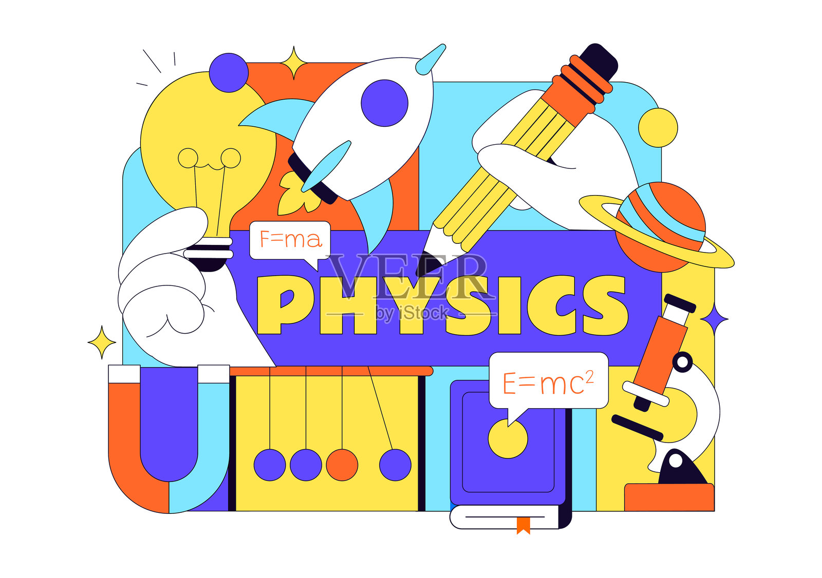 物理教育矢量图,展示学生探索电、磁、光波、力、科学技术插画图片素材