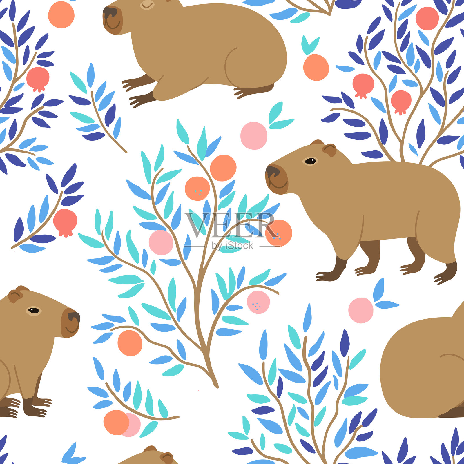 可爱的水豚和橘子树无缝图案。矢量手绘涂鸦插画。插画图片素材