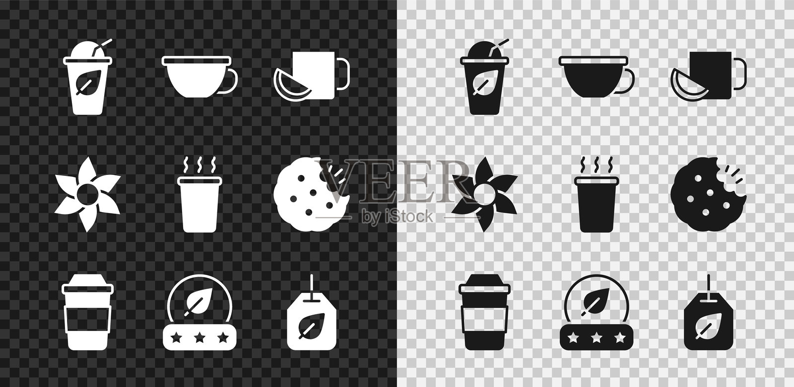 茶杯、茶叶、柠檬、茶包、花朵和图标的套装。矢量图插画图片素材