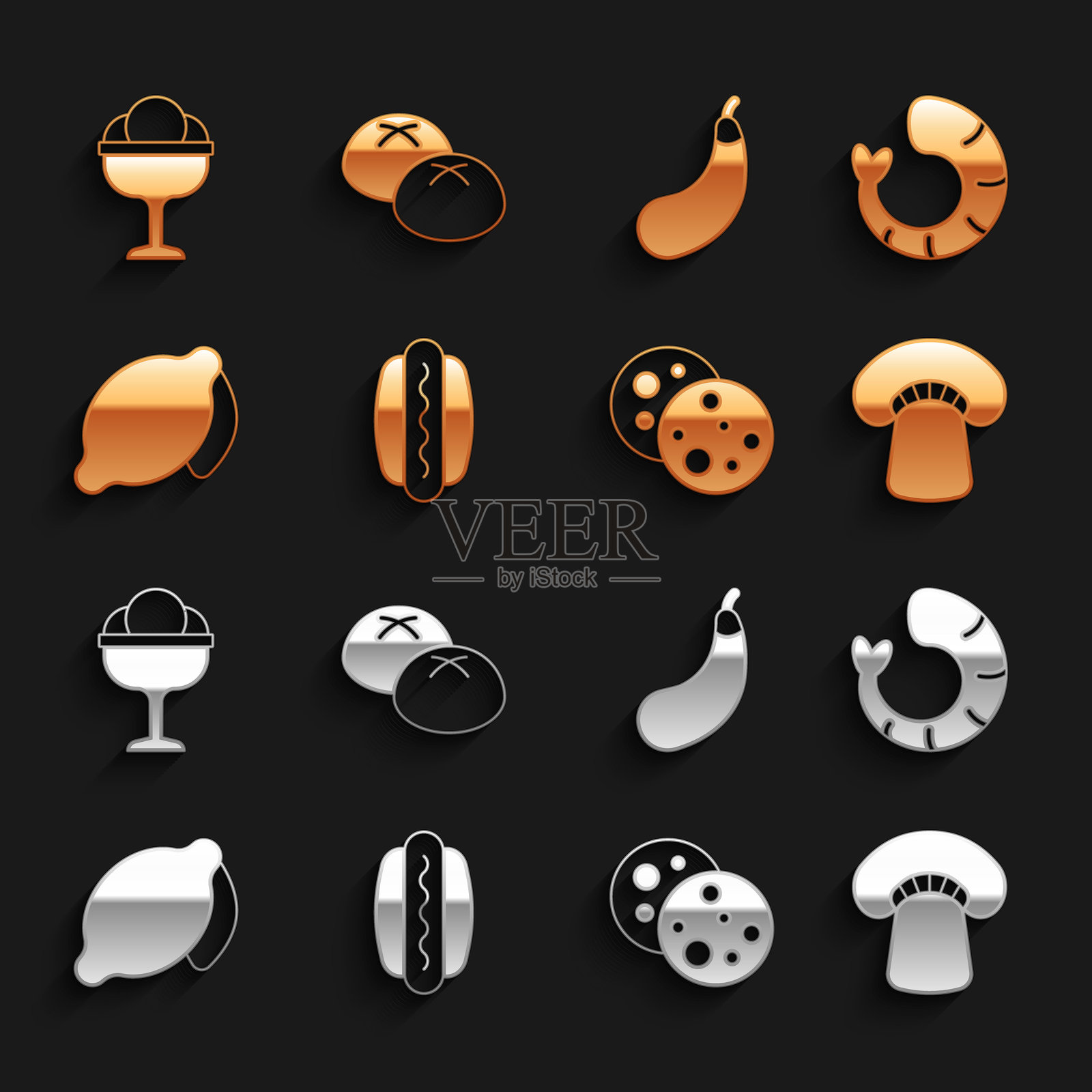 热狗、虾、蘑菇、巧克力饼干、柠檬、茄子、冰淇淋碗和面包的图标集合。矢量图插画图片素材