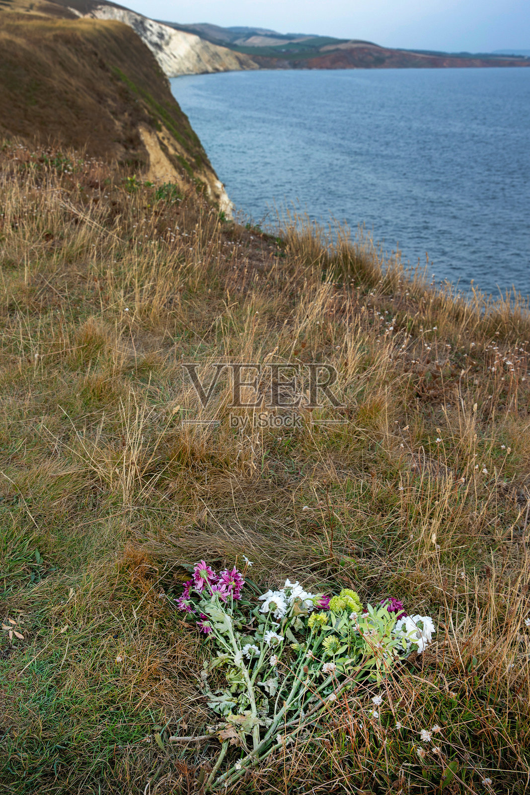英格兰怀特岛海岸的风景和悬崖在日落时分照片摄影图片