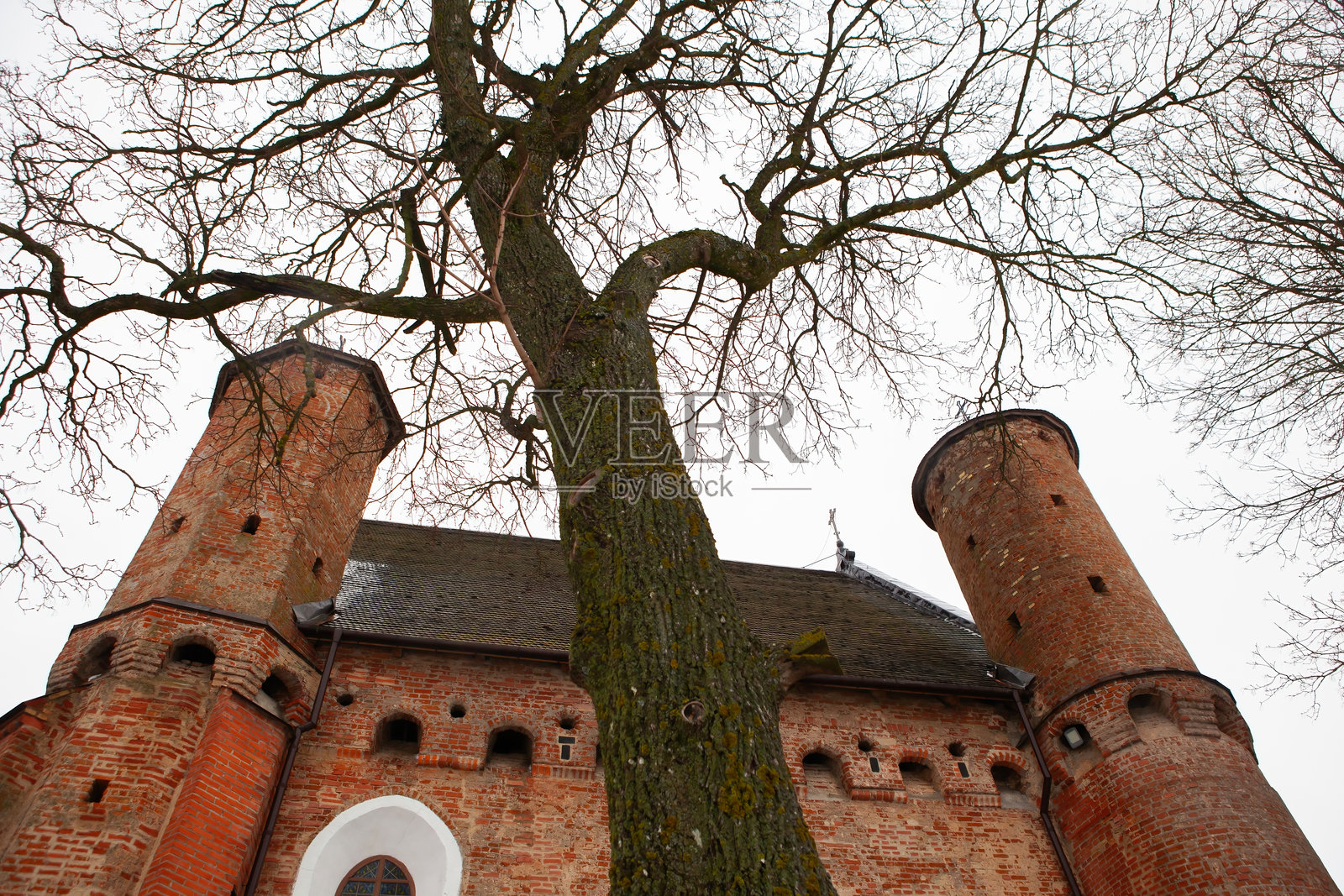 冬季,在宁静的小镇,一座古老的砖砌建筑,带有塔楼和一棵大树,在多云的天空中照片摄影图片