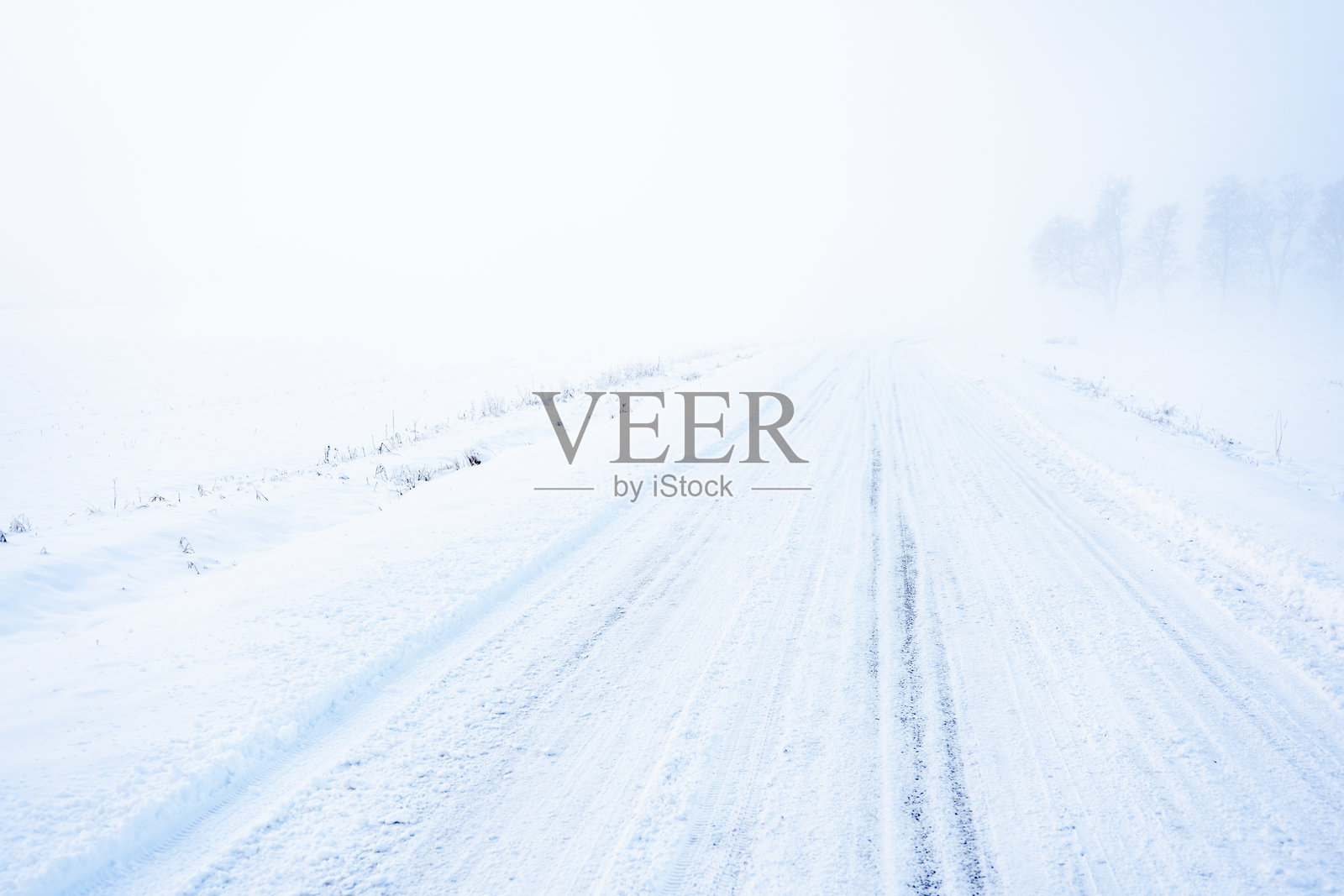 白雪皑皑的乡村道路消失在白茫茫的雾气中,极端冬季暴风雪导致能见度接近于零,驾驶条件危险照片摄影图片