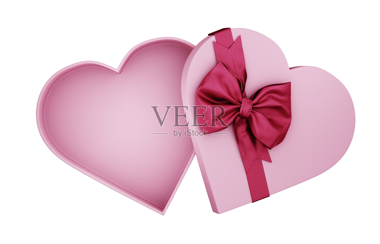 粉色心形礼品盒,系着红色蝴蝶结,孤立在白色背景上。情人节礼品盒,适合奢侈品模型。母亲节、女性、生日、纪念日节日庆典。照片摄影图片
