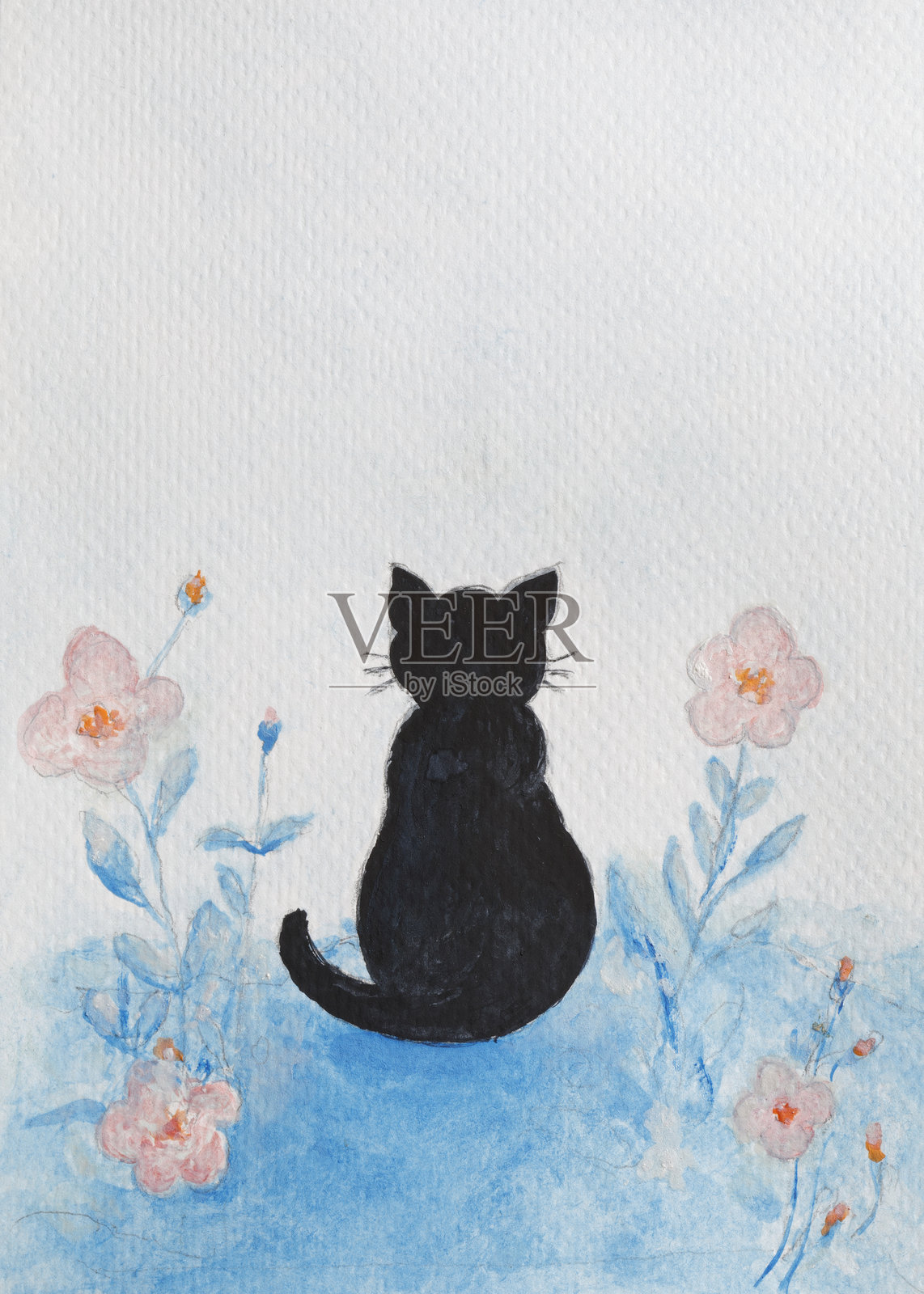 黑猫与鲜花插画图片素材