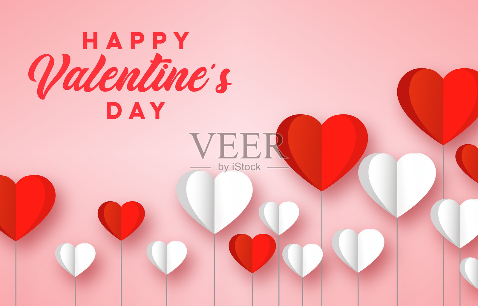 情人节设计,由红色和白色的纸心组成,竖立在粉色背景的细棍上插画图片素材
