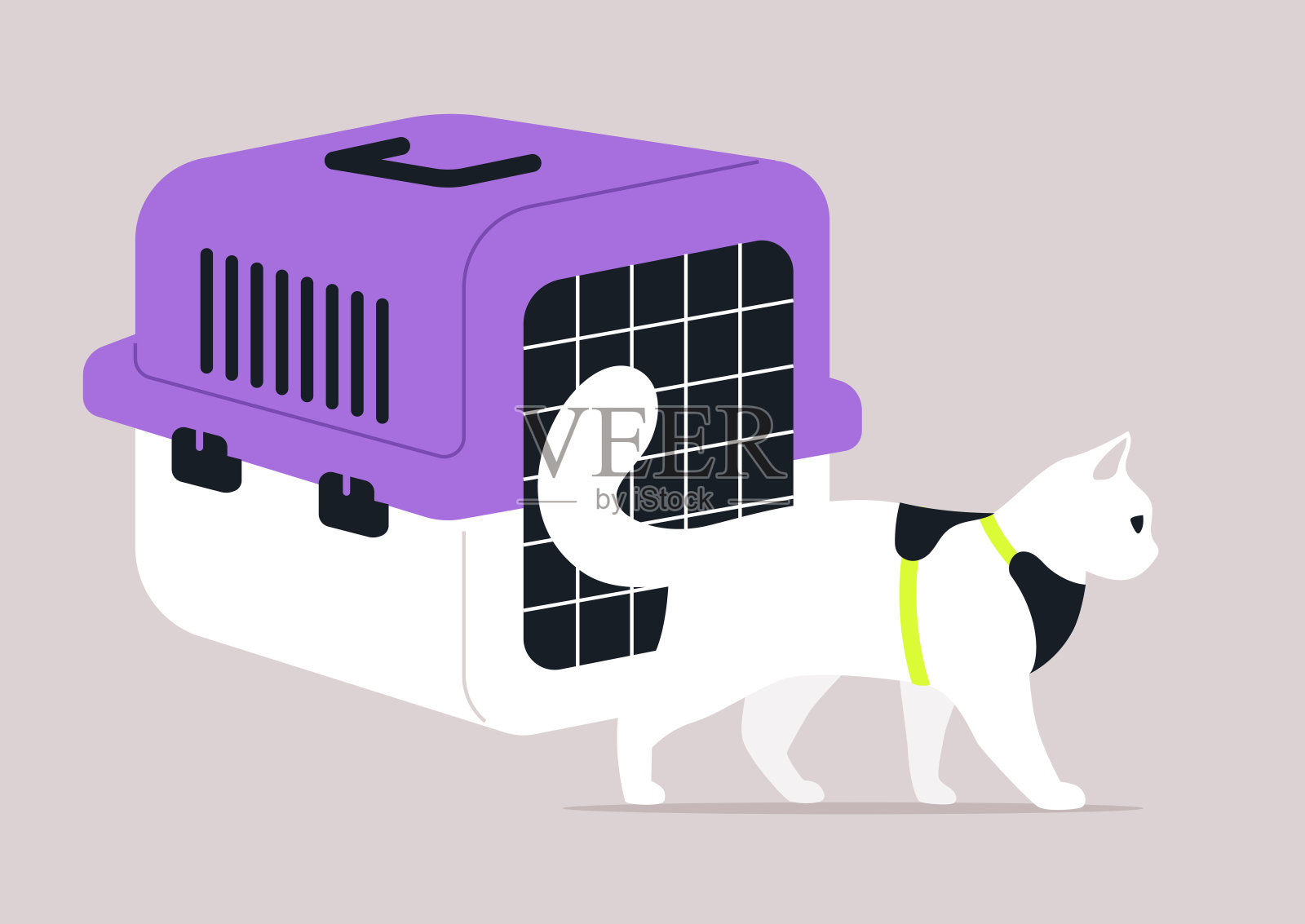 一只活泼的猫自信地走在一辆色彩鲜艳的宠物运输箱旁边,它渴望地与周围环境互动,展现出冒险和好奇心插画图片素材