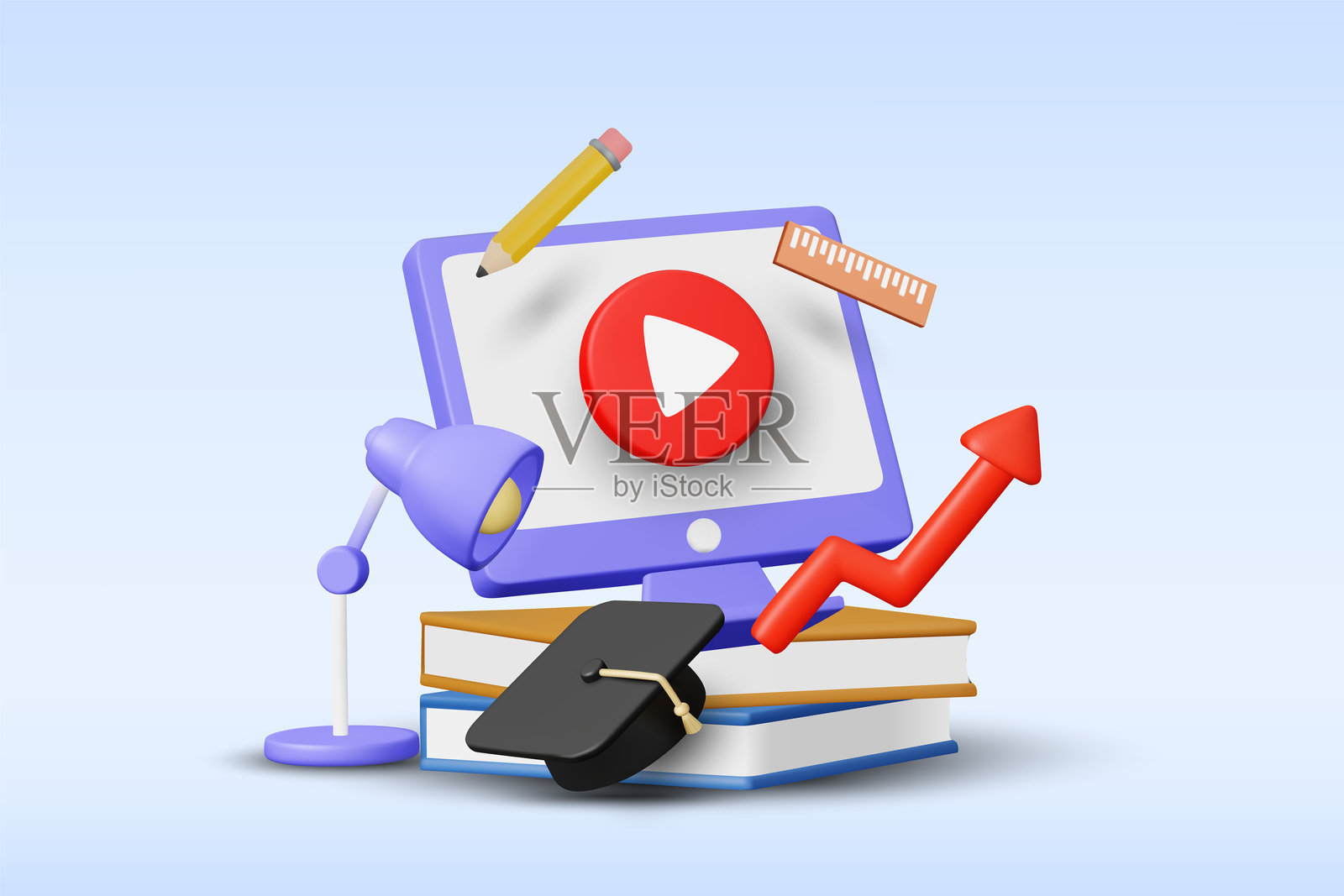 电脑的3D矢量插画,带有视频播放按钮和上升箭头。代表在线教育课程和学生成功增长的概念。电子学习教程背景模板。插画图片素材