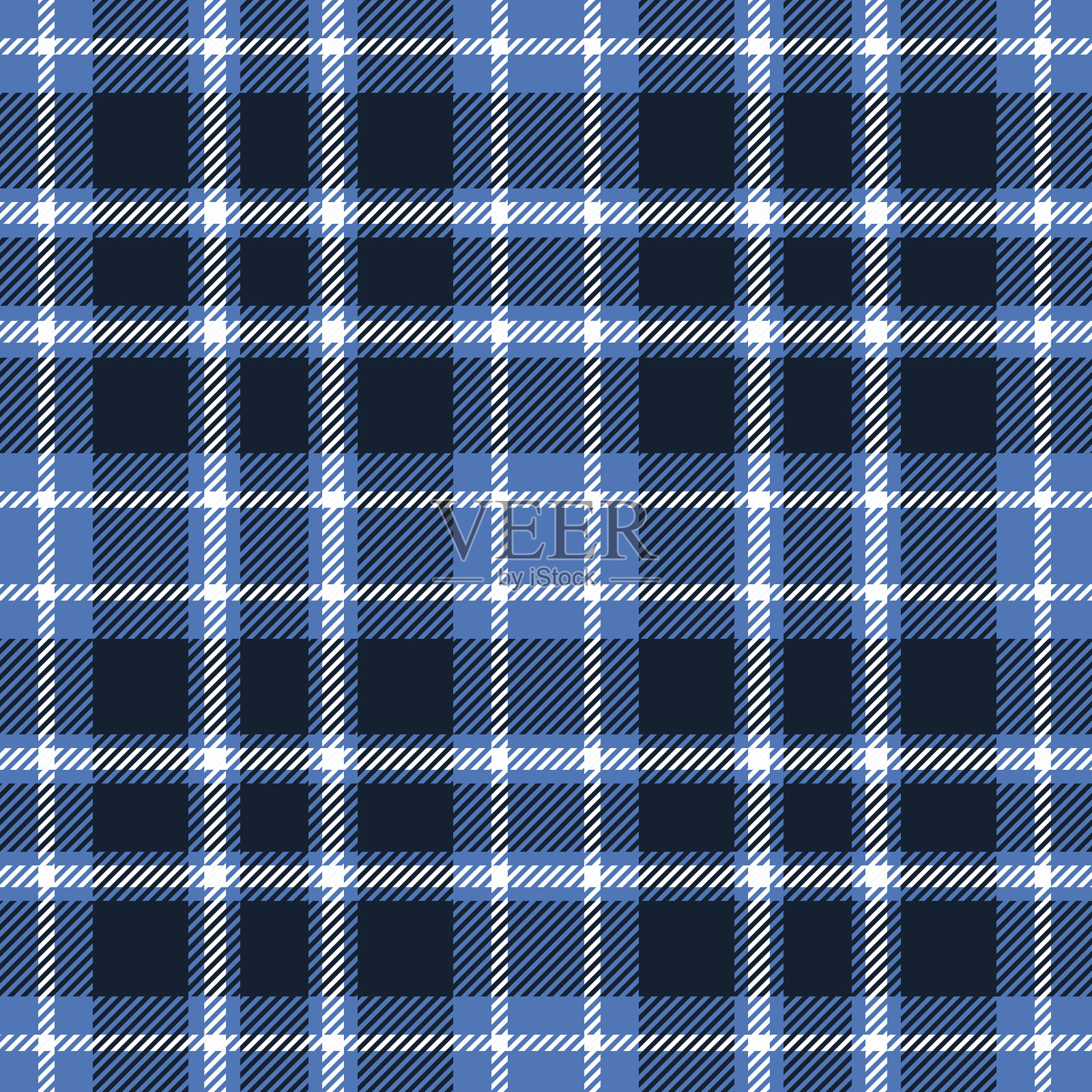 格子苏格兰纹无缝重复图案。这是一种蓝色、海军蓝和白色的格子花纹矢量插图。插画图片素材