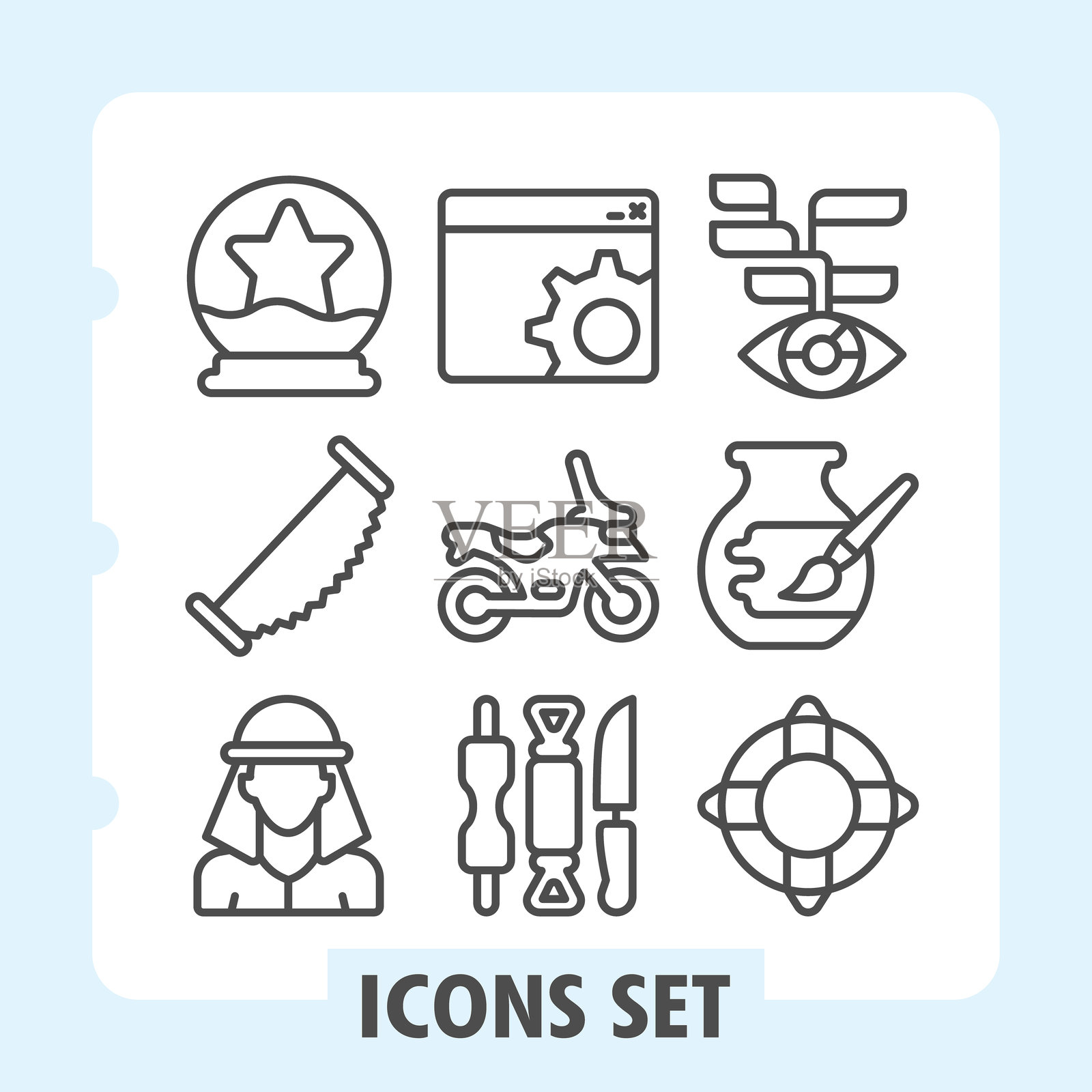 一套九个线条图标,以时尚的单色风格展示了计算机、实验室工具、安全、DNA、机器人和化学主题,非常适合UI/UX项目。插画图片素材