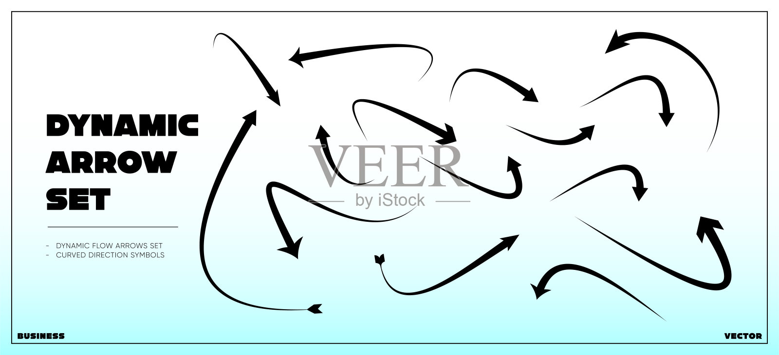 黑色动态箭头矢量集。用于商业演示、工作流程图、导航指针元素的弯曲方向符号。插画图片素材