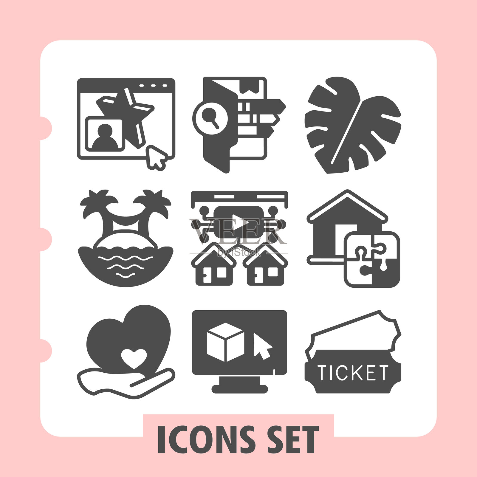 一套九个简洁的矢量图标,代表用户资料、分析、农业、房地产、视频流、住房、人际关系、电子商务和活动门票,适用于网页和移动应用程序。插画图片素材