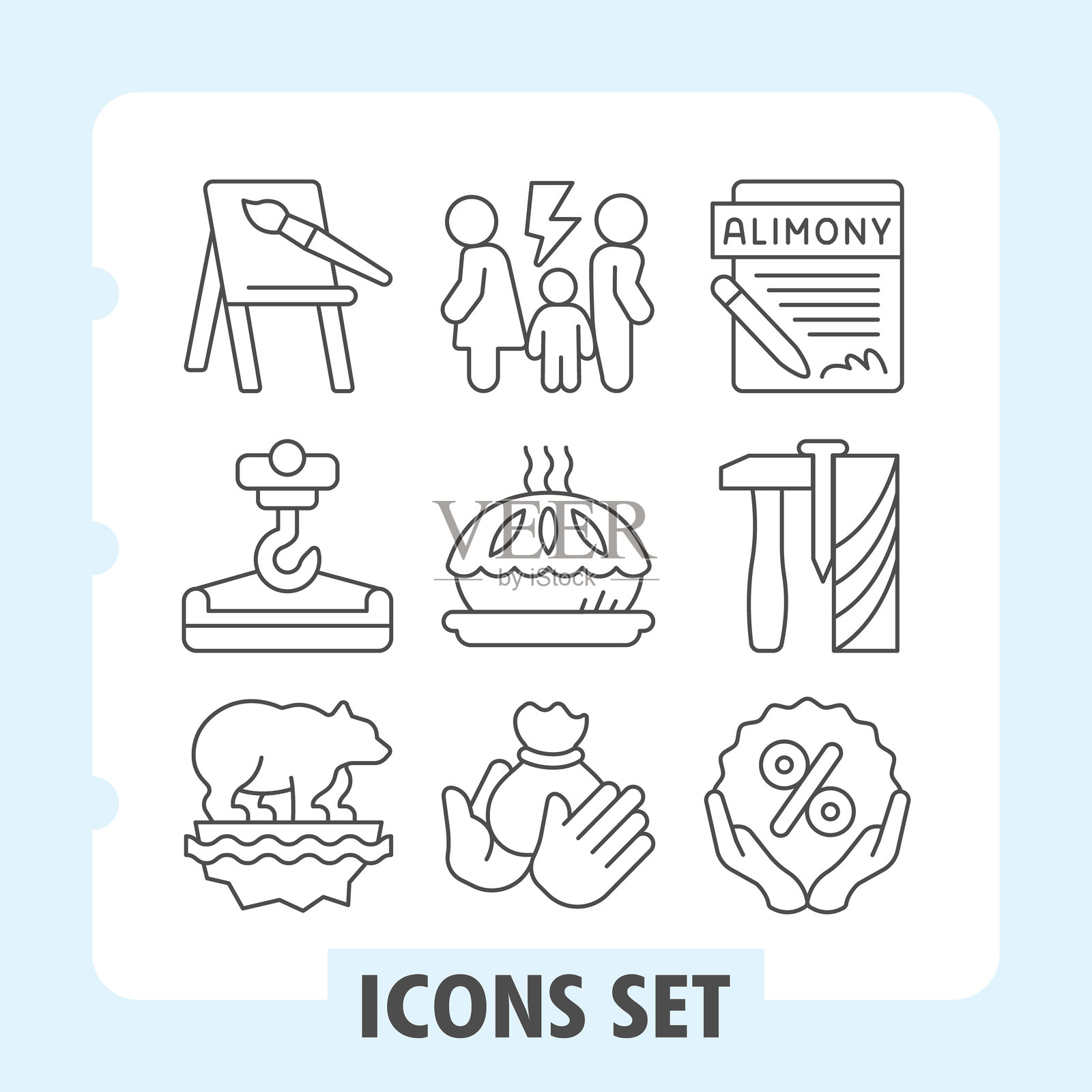 一套九个简洁的细线图标,描绘了家庭、法律、赡养费、储蓄、抵押贷款、投资、房地产、预算和餐饮概念,适用于网页和移动应用程序。插画图片素材