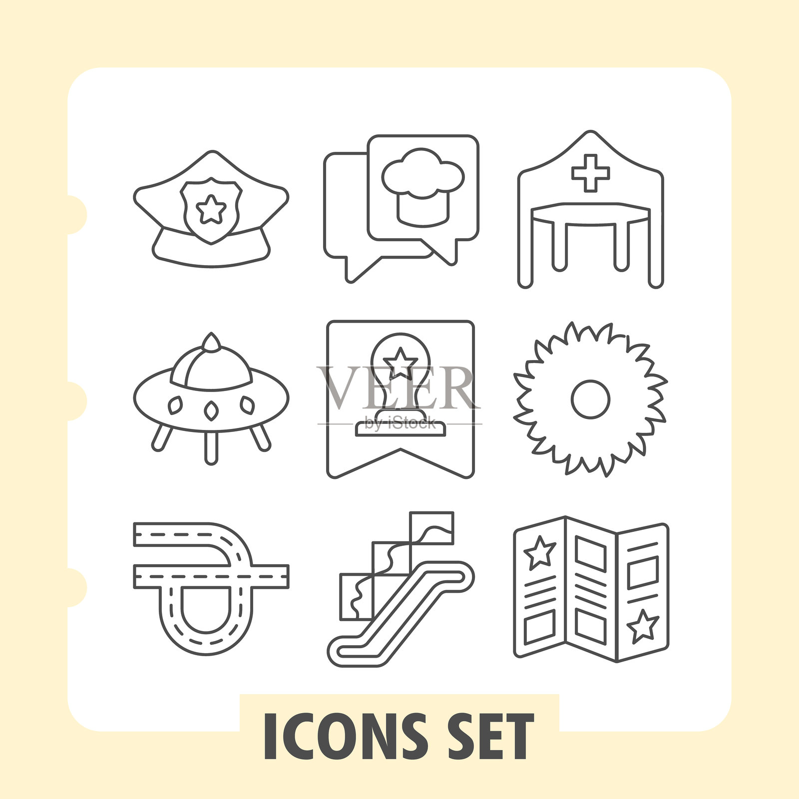 一套九个细线图标,代表适用于网页或移动应用的安全性、通讯、医疗保健、创意、能源、工具、教育和连接性。插画图片素材