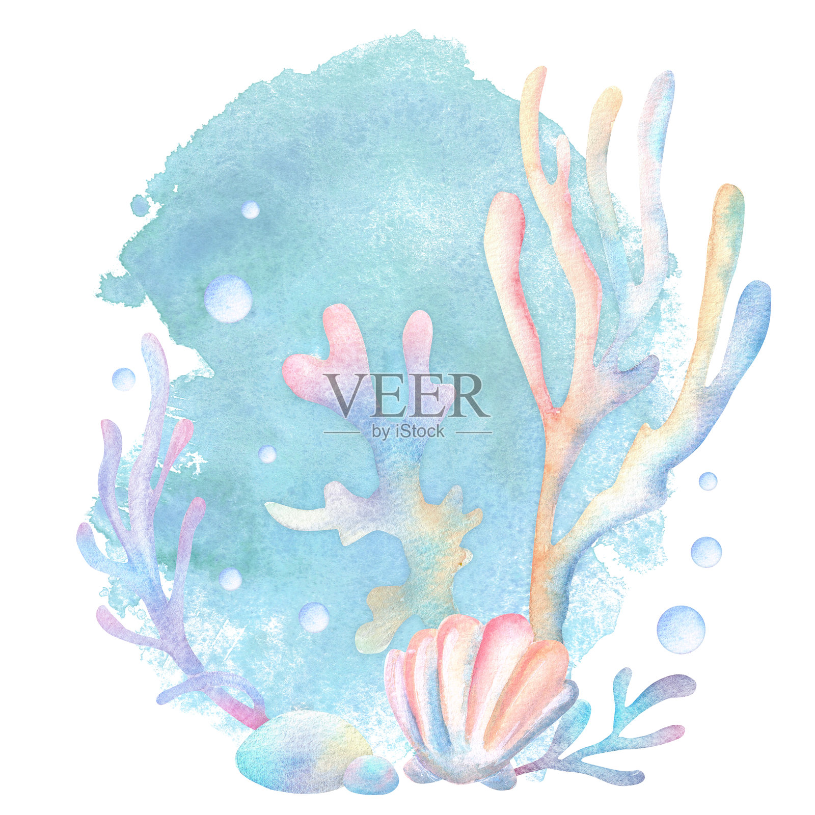 梦幻般的深海场景,背景为蓝色,有色彩斑斓的珊瑚、海藻、贝壳和石头。海洋童话插画。手绘水彩插画,适用于托儿所、设计、贴纸、明信片。插画图片素材