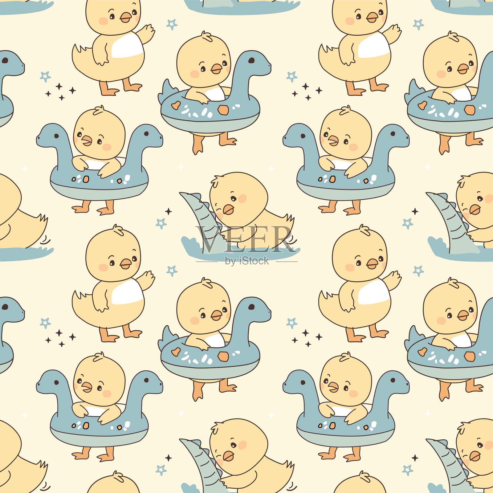 可爱小鸭子与恐龙泳圈的无缝图案,适用于儿童和婴儿房设计插画图片素材