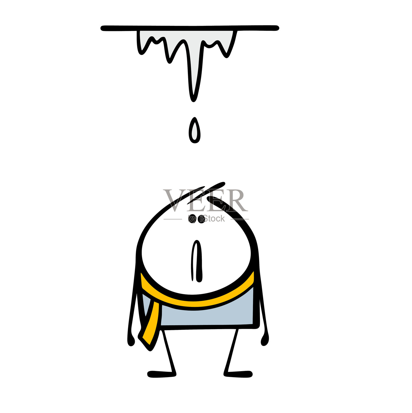 一个愚蠢的男孩站在屋顶的危险冰柱下。火柴人矢量图,描绘了春天融化的冰滴落在头上。这是一个令人警惕的危险情景。插画图片素材