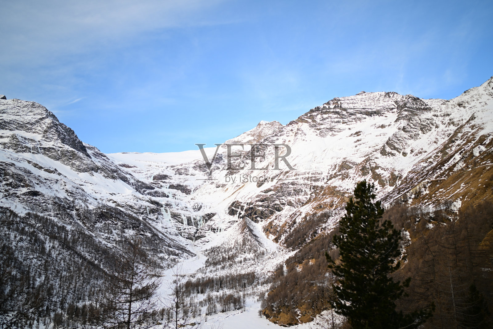 被雪覆盖的山脉,带有冰川和山谷照片摄影图片