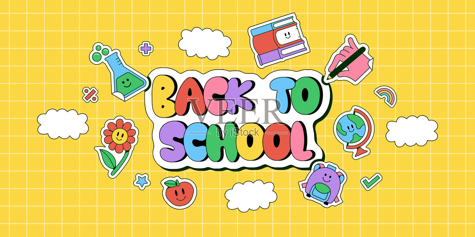 多彩的返校卡通贴纸插画插画图片素材