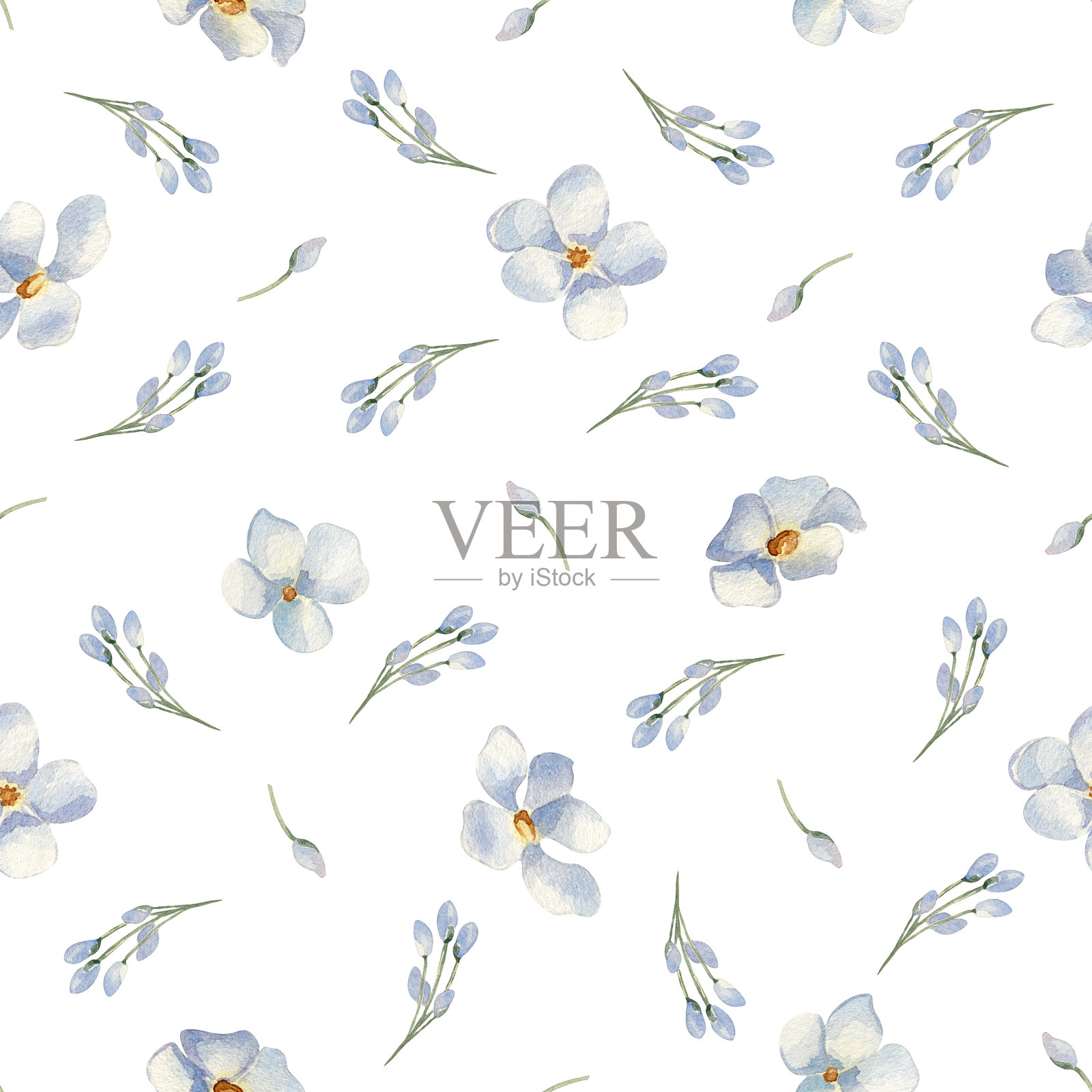 柔和的蓝色花朵水彩无缝图案,孤立的。婴儿纺织品的碎花图案。手绘的柔和蓝色小花蕾。适用于婴儿服装和托儿所织物的碎花印花。插画图片素材