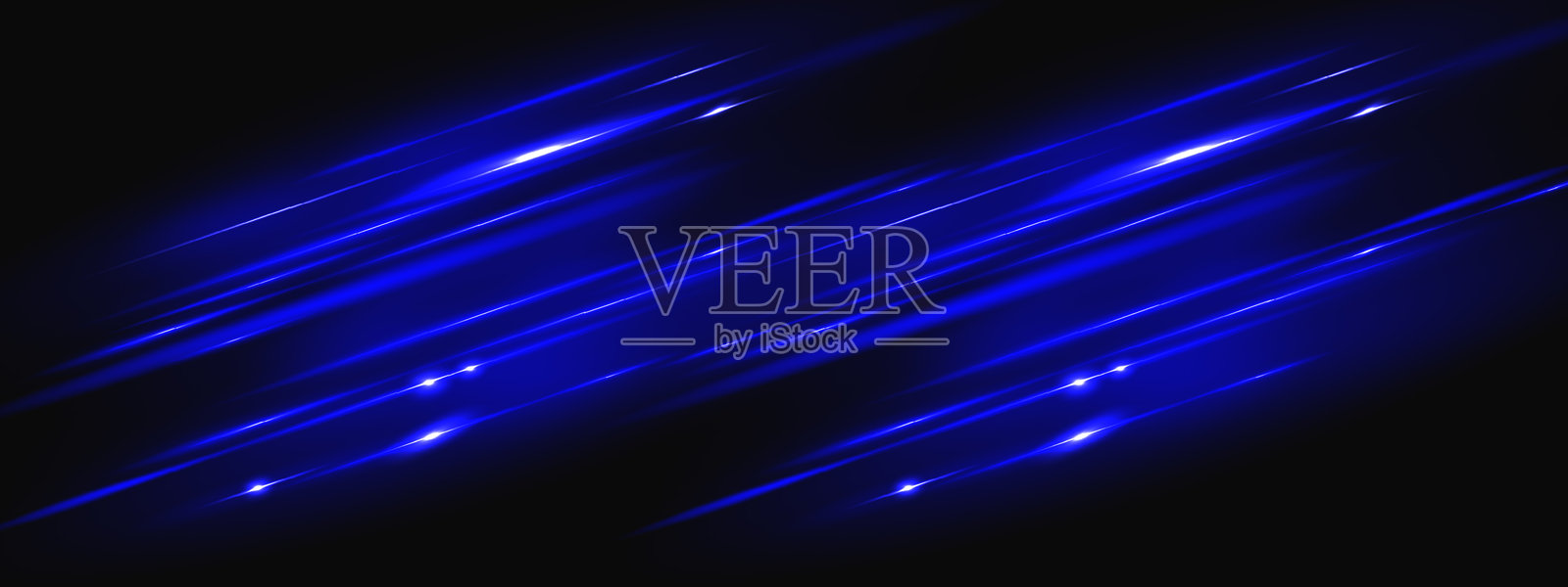 数字背景的霓虹激光蓝色光束和水平线。黑色暗空间中带有闪耀光晕的明亮条纹,营造速度感。抽象矢量射线动态叠加。插画图片素材