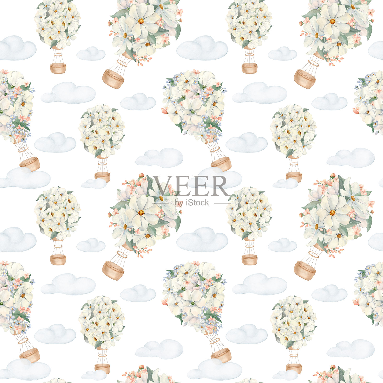 植物气球无缝图案,适用于托儿所。飞艇在云端,手绘水彩,孤立。热气球载着鲜花,漂浮在中性色调的云朵上。为婴儿床上用品和房间设计的图案。插画图片素材