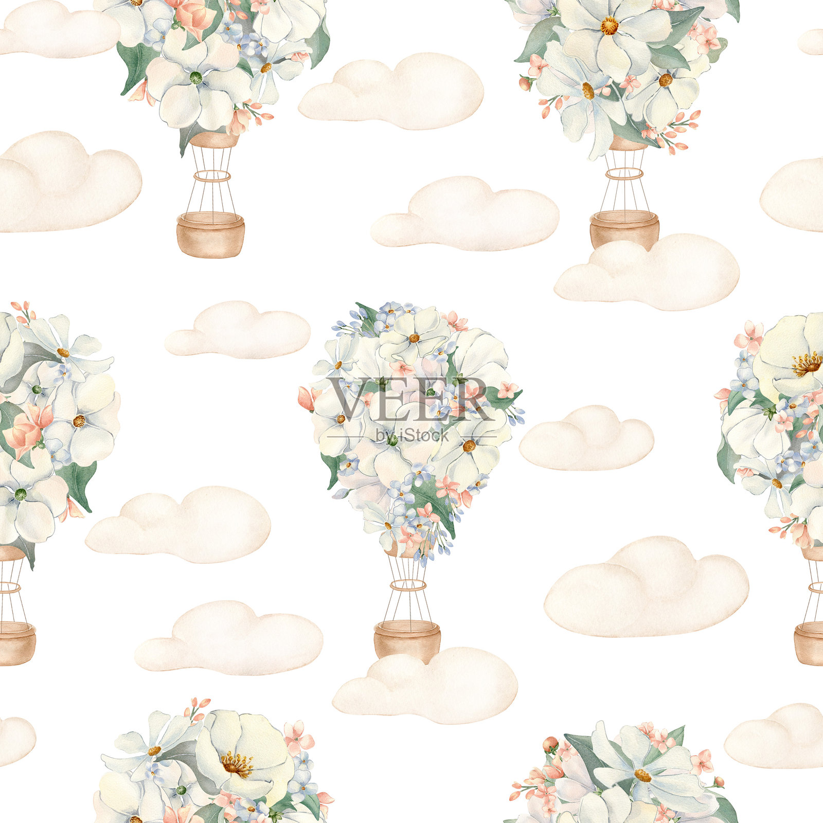 中性色调,热气球和云朵的婴儿房无缝图案。热气球上装饰着宇宙花和海葵的水彩手绘图案。可用于儿童床上用品、壁纸的无尽背景。婴幼儿织物。插画图片素材