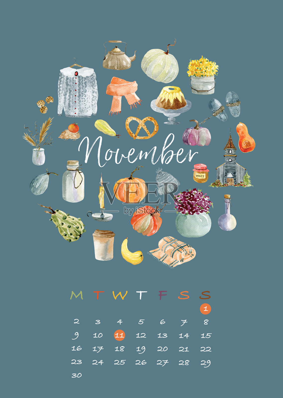 水彩十一月日历插画,包含丰收秋季元素插画图片素材