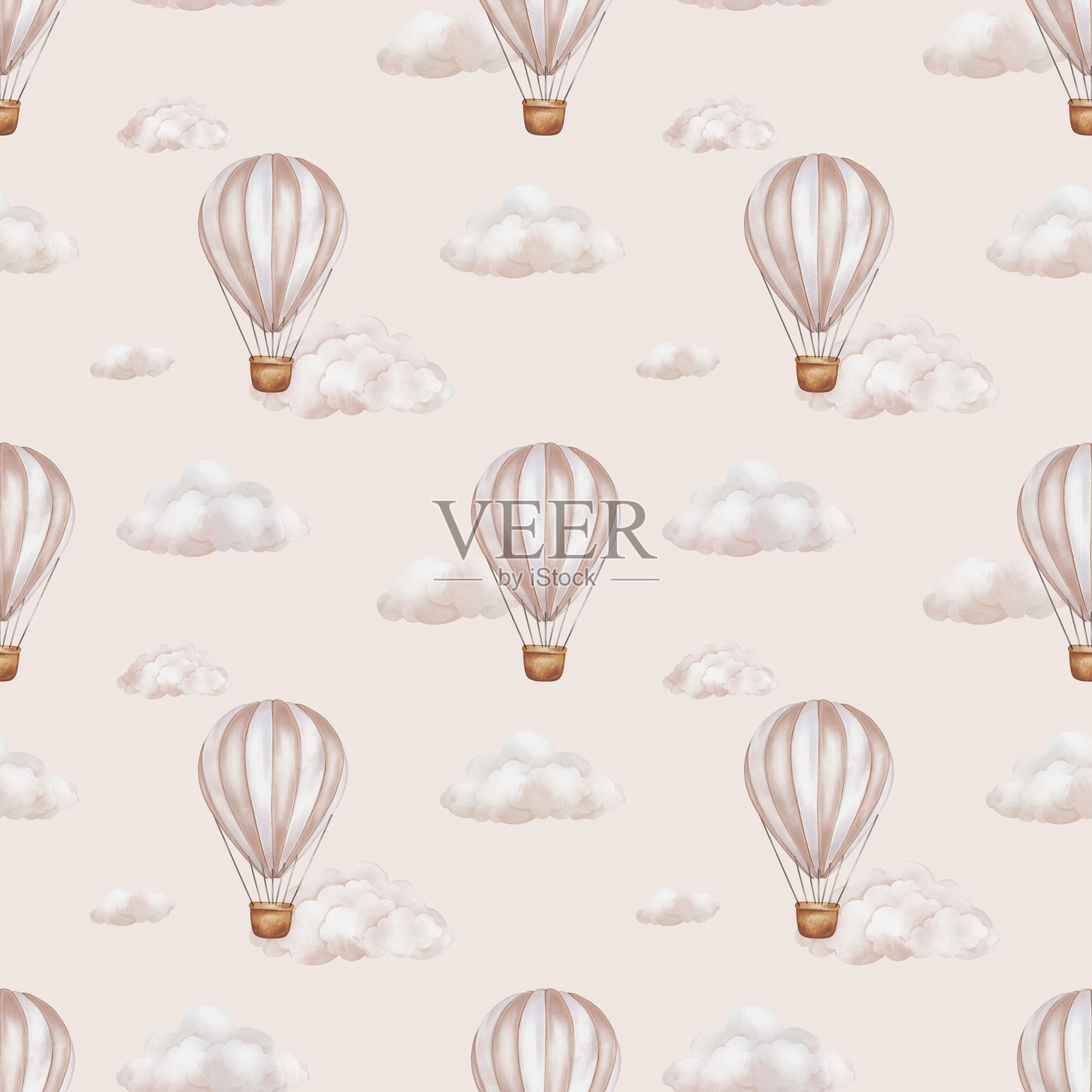 天空中热气球和云朵的无缝图案。儿童水彩重复装饰背景。适用于婴儿纺织品设计或墙纸的可爱印花,采用柔和的米色粉色。插画图片素材