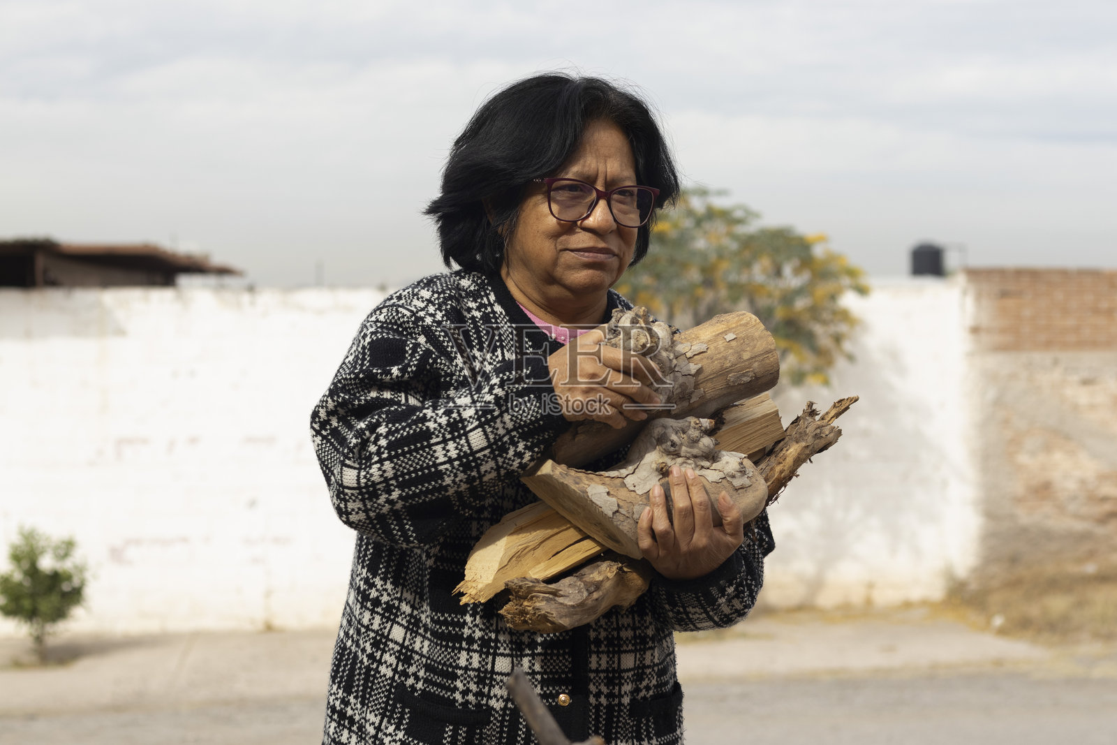 一位成熟的女性在户外搬运木柴,象征着艰辛、韧性、体力劳动、衰老、贫困、能源危机以及可持续的传统生活方式照片摄影图片